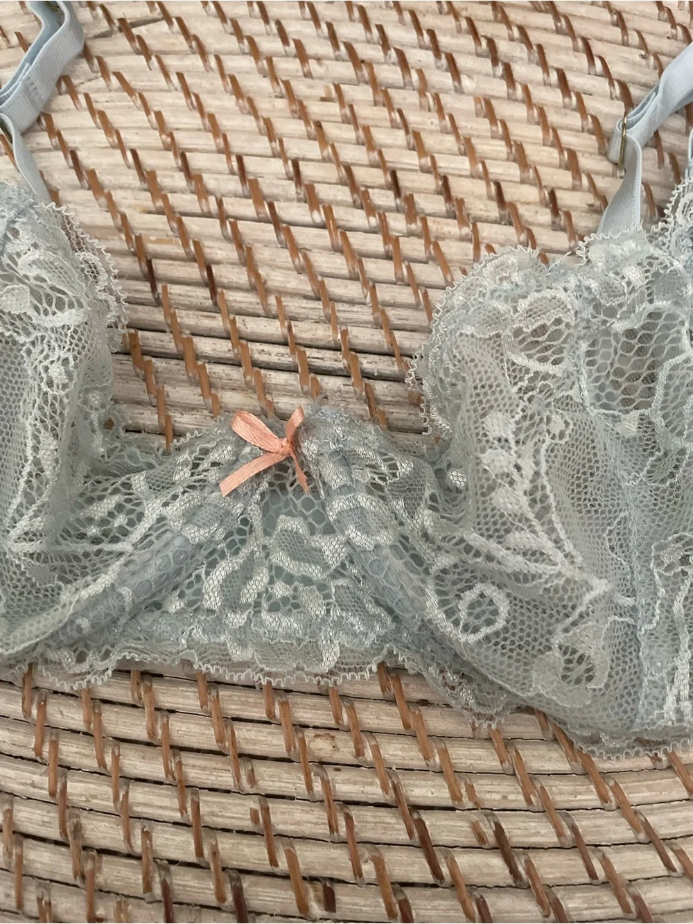 sophie b. light blue lace underwire bra with pink bow accent